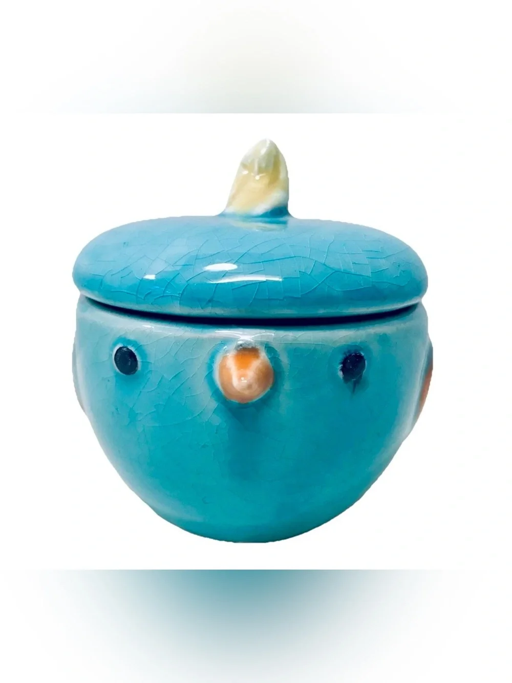 Vintage Blue Bird Yellow Tailed Lidded Crackle Glaze Ceramic Trinket Box Jar